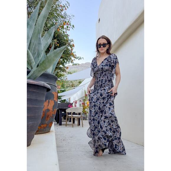 Cinq a Sept Kris Chiffon Dress in Raven Paisley Navy Blue Chiffon Smocked Maxi - Picture 12 of 15